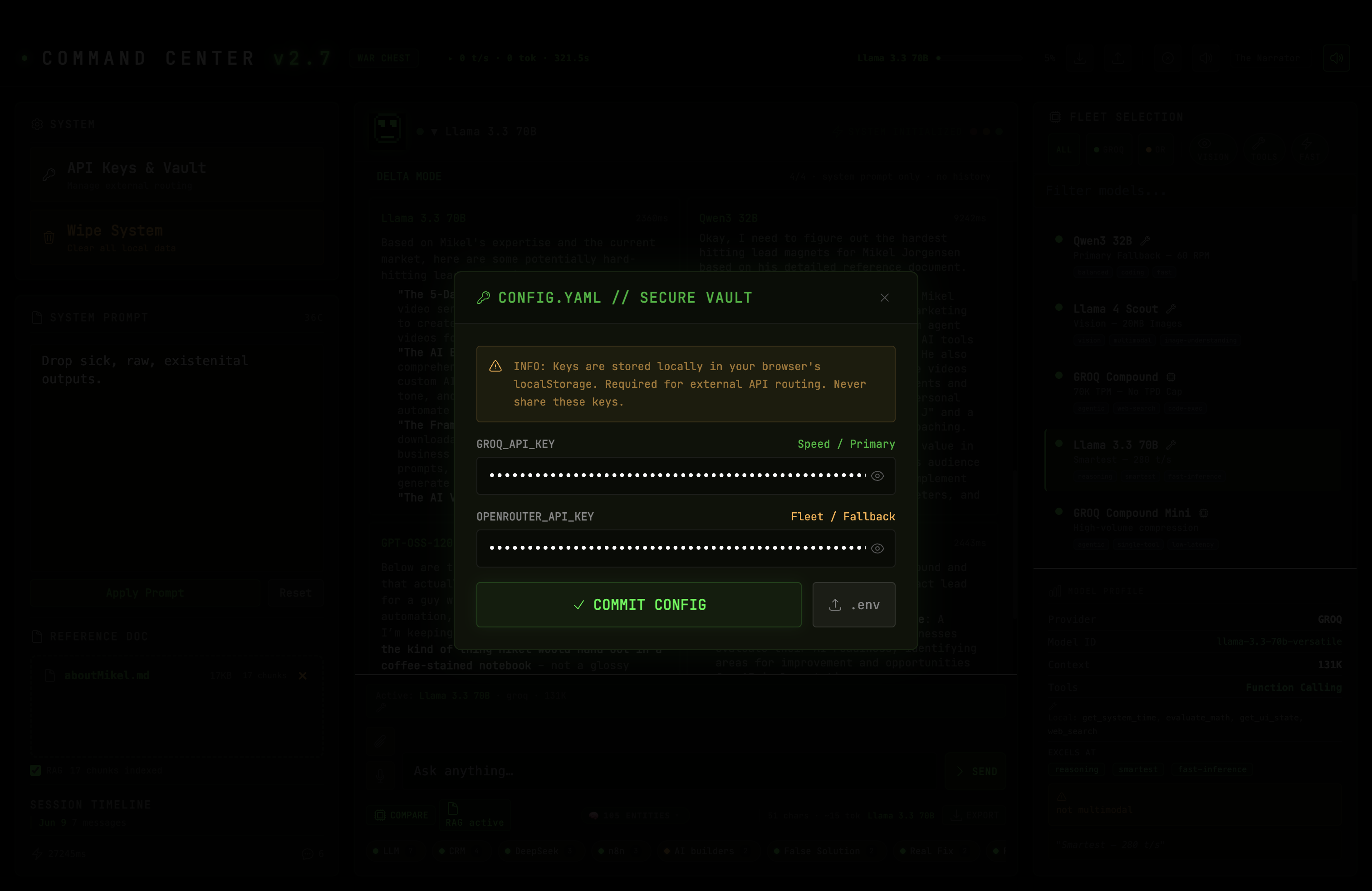 CONFIG.YAML Secure Vault modal showing masked API key fields for Groq and OpenRouter with commit and .env upload buttons