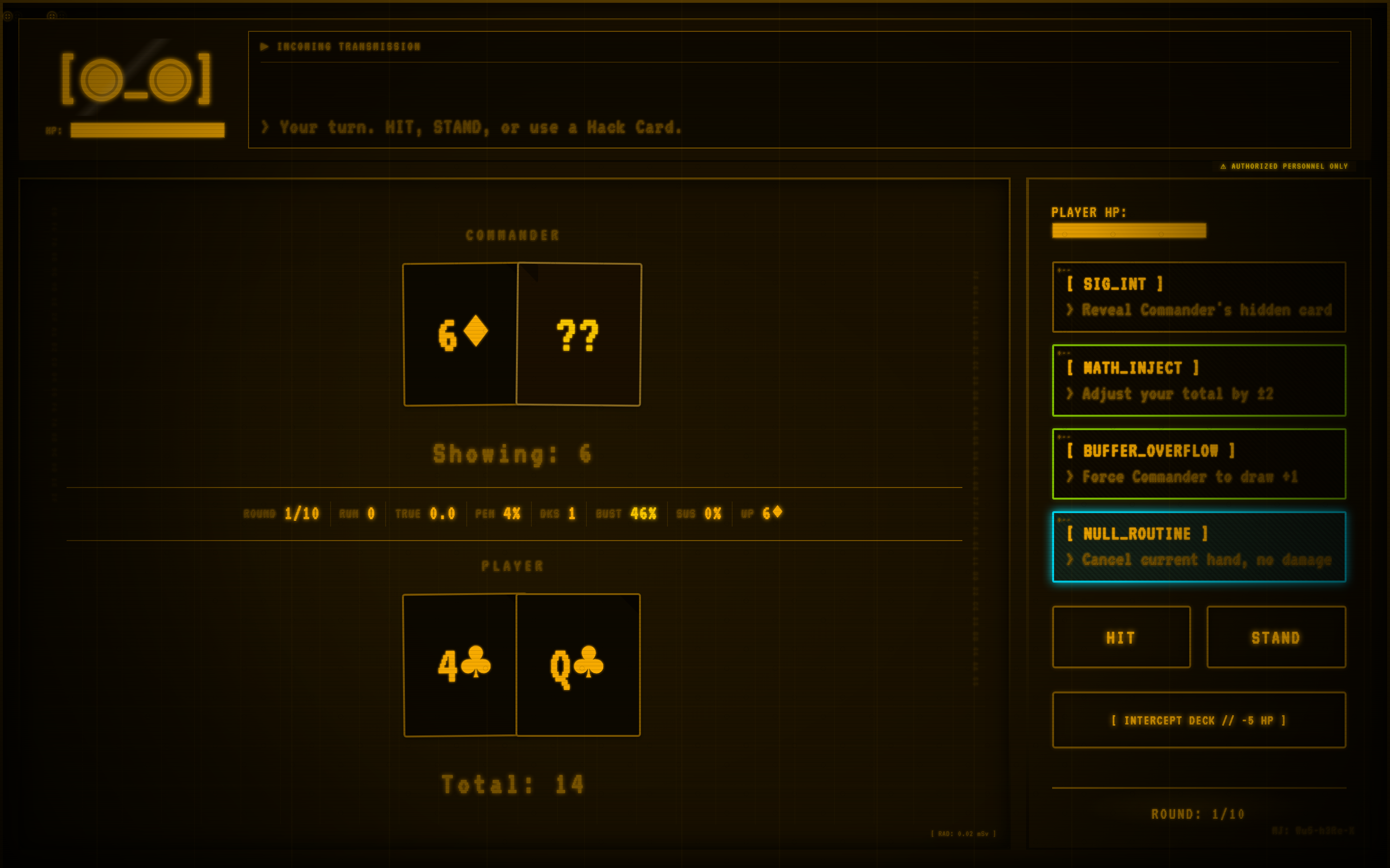 Terminal21 blackjack table interface showing tactical card layout and dealer status