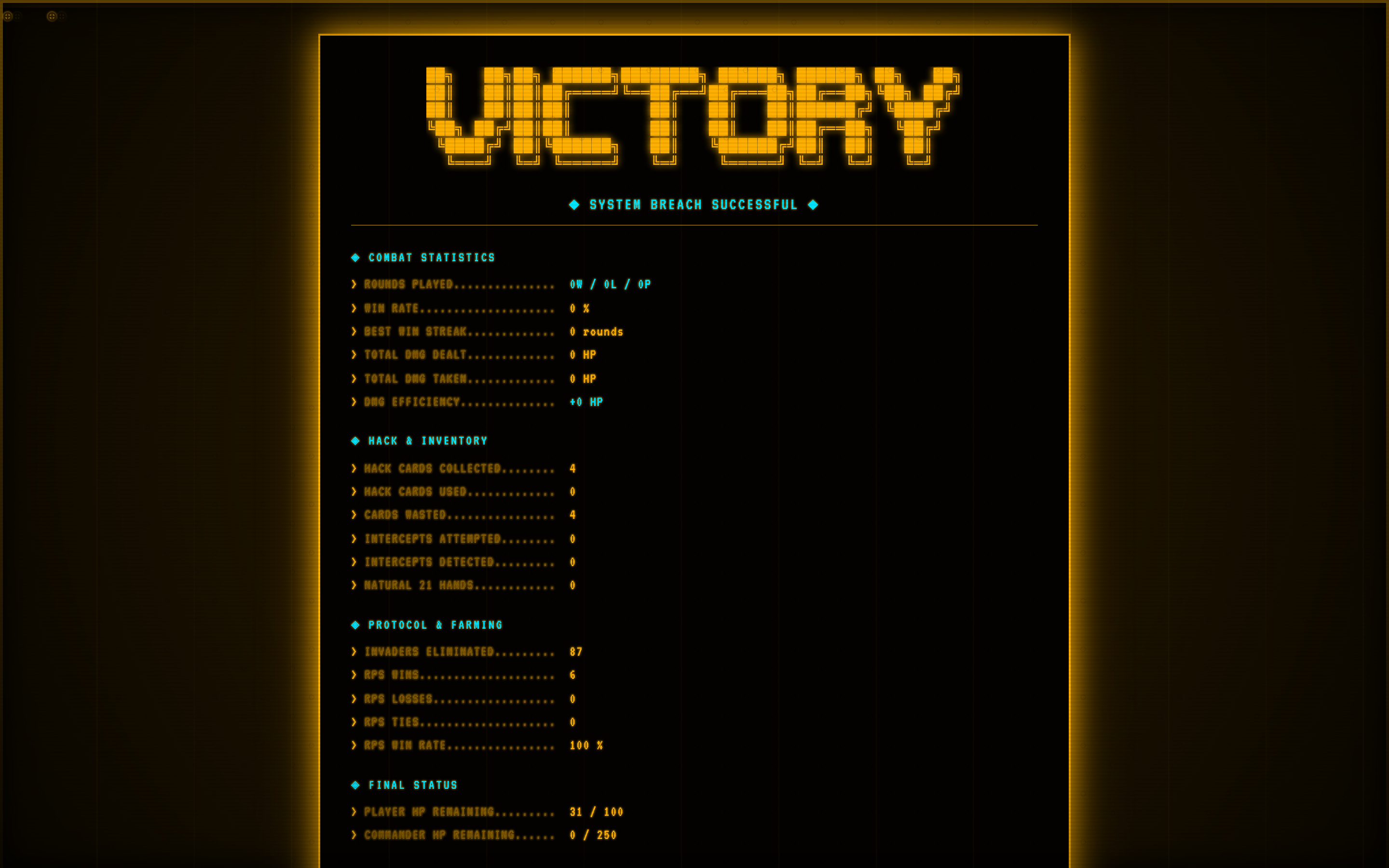 Victory screen with post-run stat dump showing rounds completed, hack cards used, and Commander AI defeated